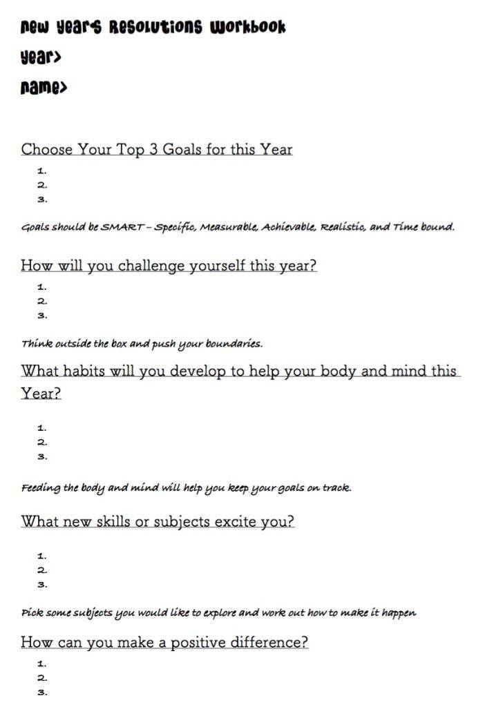 New Years resolution free workbook for kids sample page 